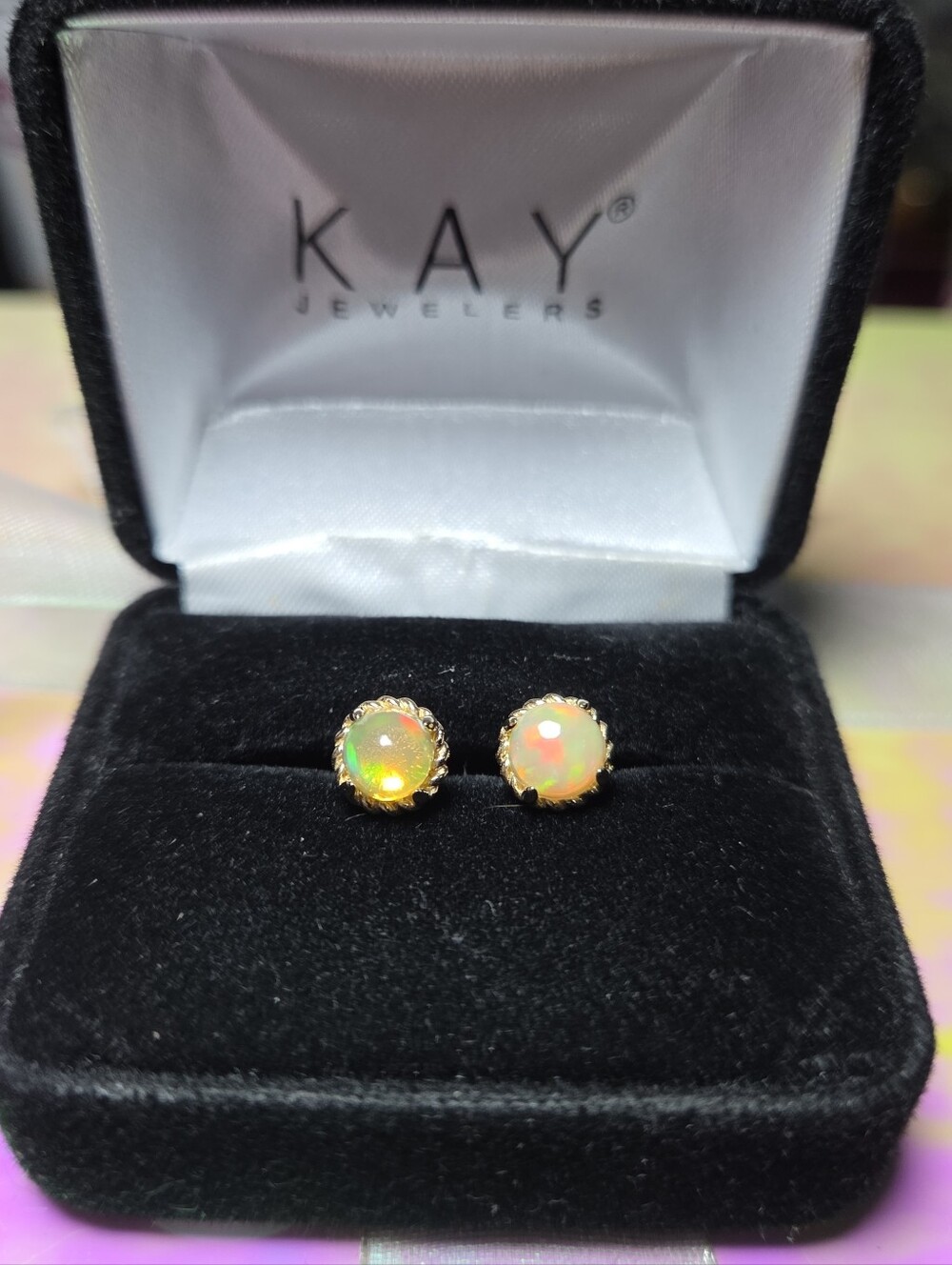 Kay Jewelers Natural Wello Fire Opal Studs 10K Yellow Gold & Silver Earrings